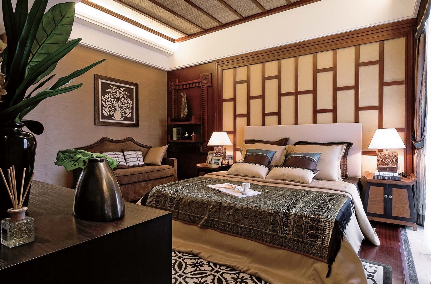 中式卧室床头背景墙壁画装修设计效果图 – 设计本装修效果图