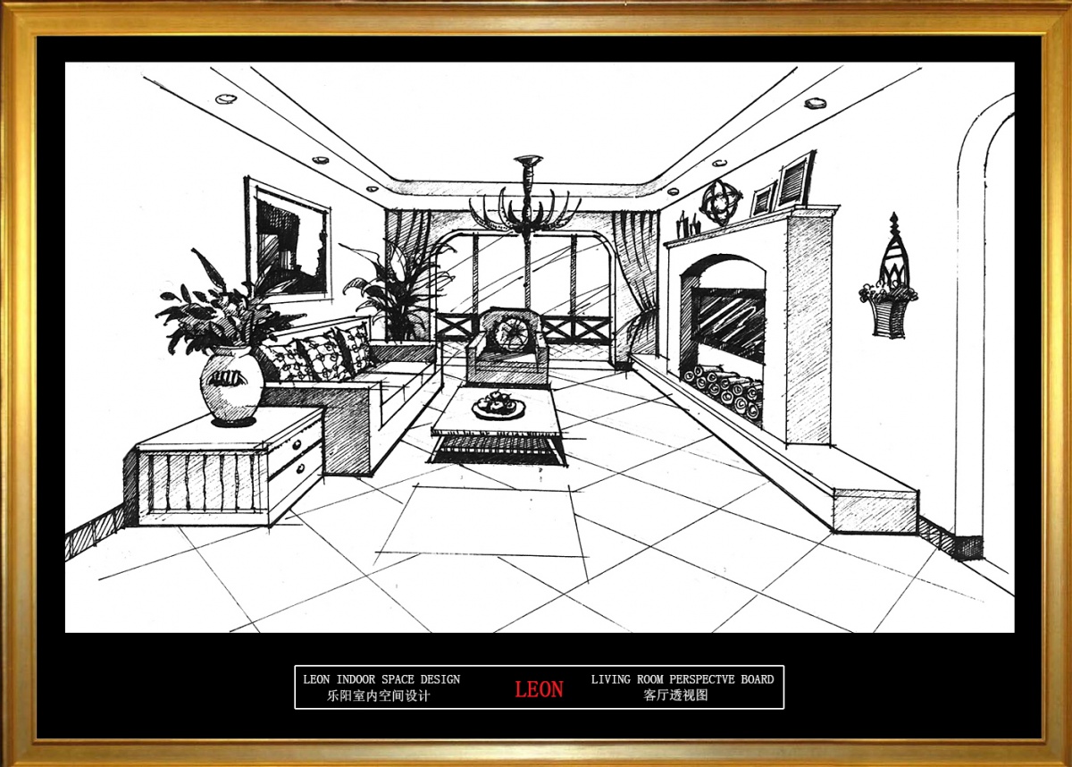 客厅空间一点透视黑白效果绘制步骤图。|空间|室内设计|一叶手绘 - 原创作品 - 站酷 (ZCOOL)