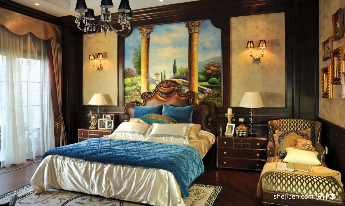 美式风格时尚豪华别墅主人房卧室个性床头背景墙落地窗窗帘照片