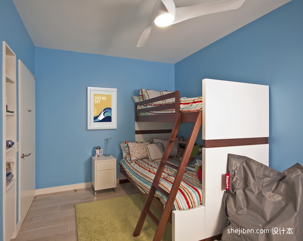 现代风格四居室最新实用双人儿童房蓝色墙面双
