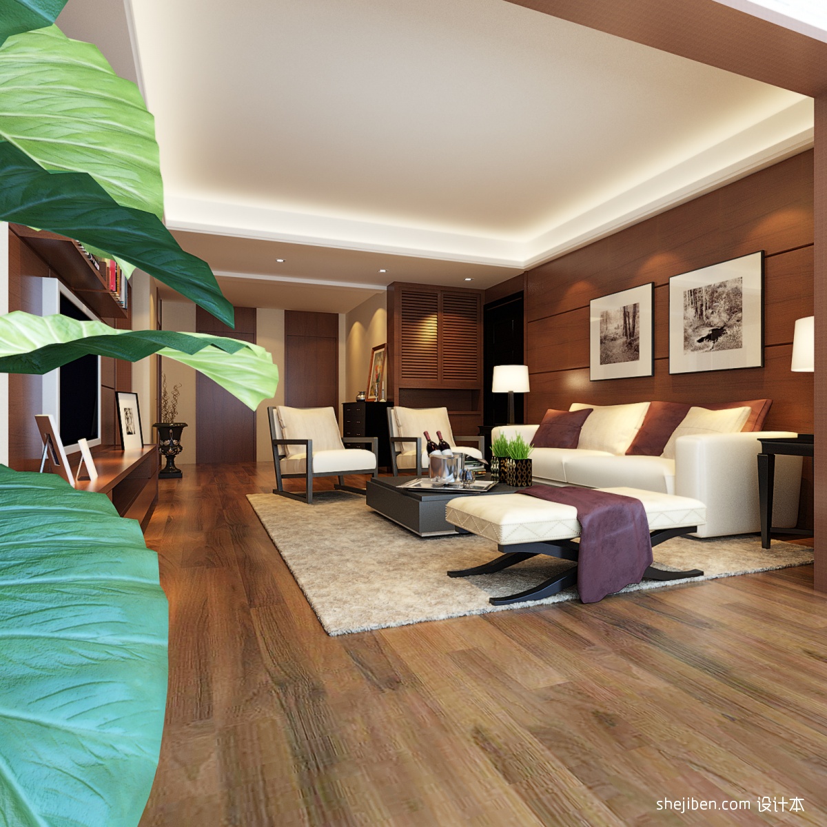 现代个性客厅三层实木地板效果图 – 设计本装修效果图