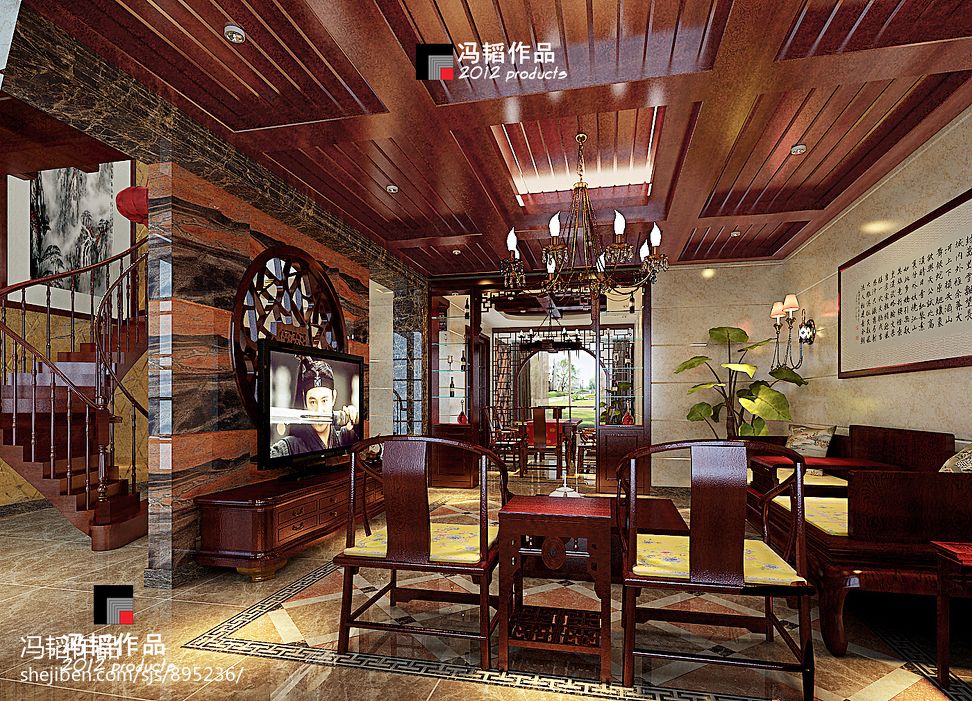 中式民族风情客厅大面积实木吊顶装修效果图