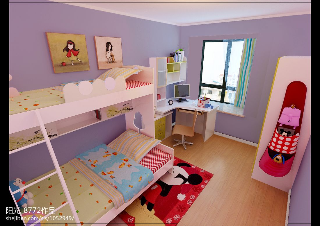 现代小面积儿童房高低床装修设计效果图 – 设
