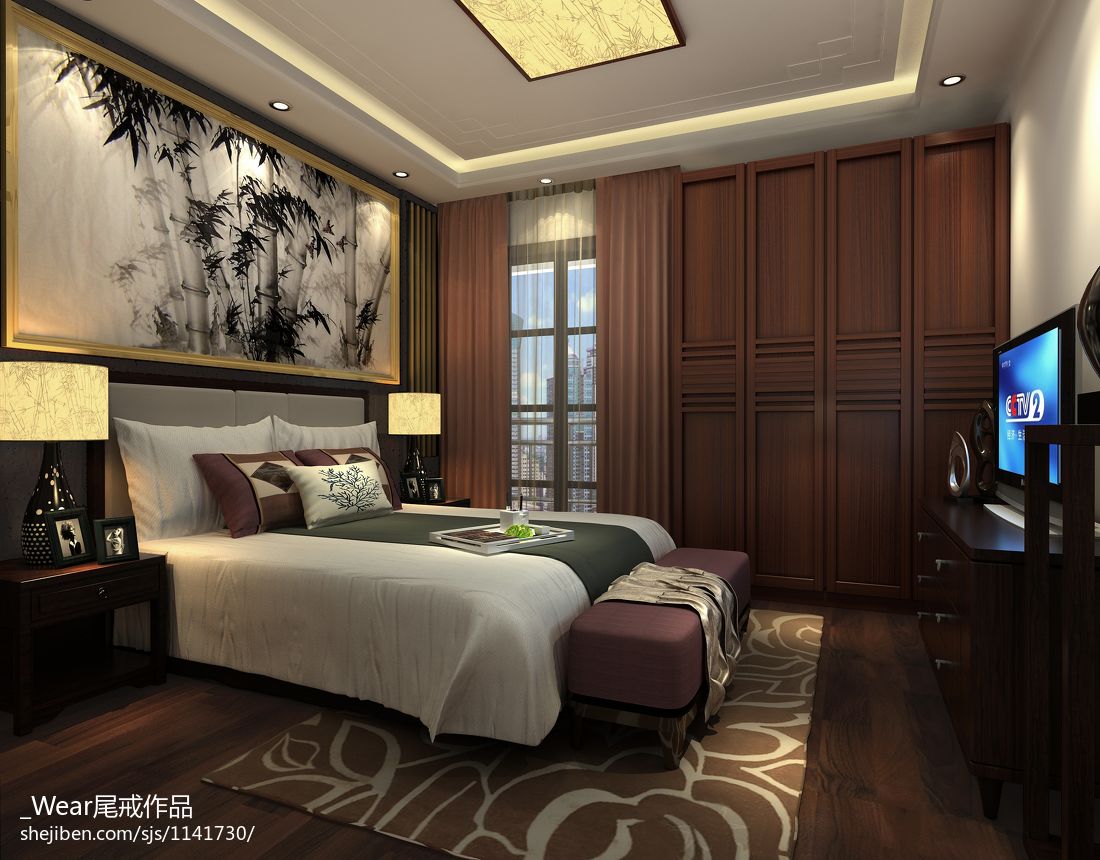 中式新古典卧室软包床头背景墙效果图 – 设计本装修效果图