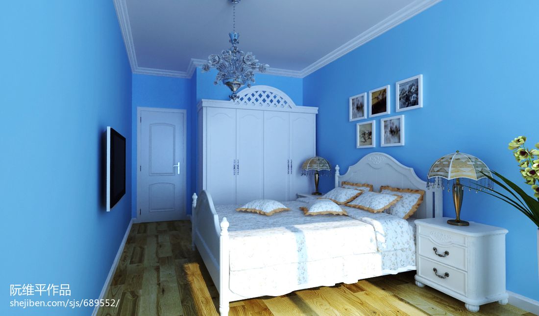 家装卧室蓝色背景墙装修效果图