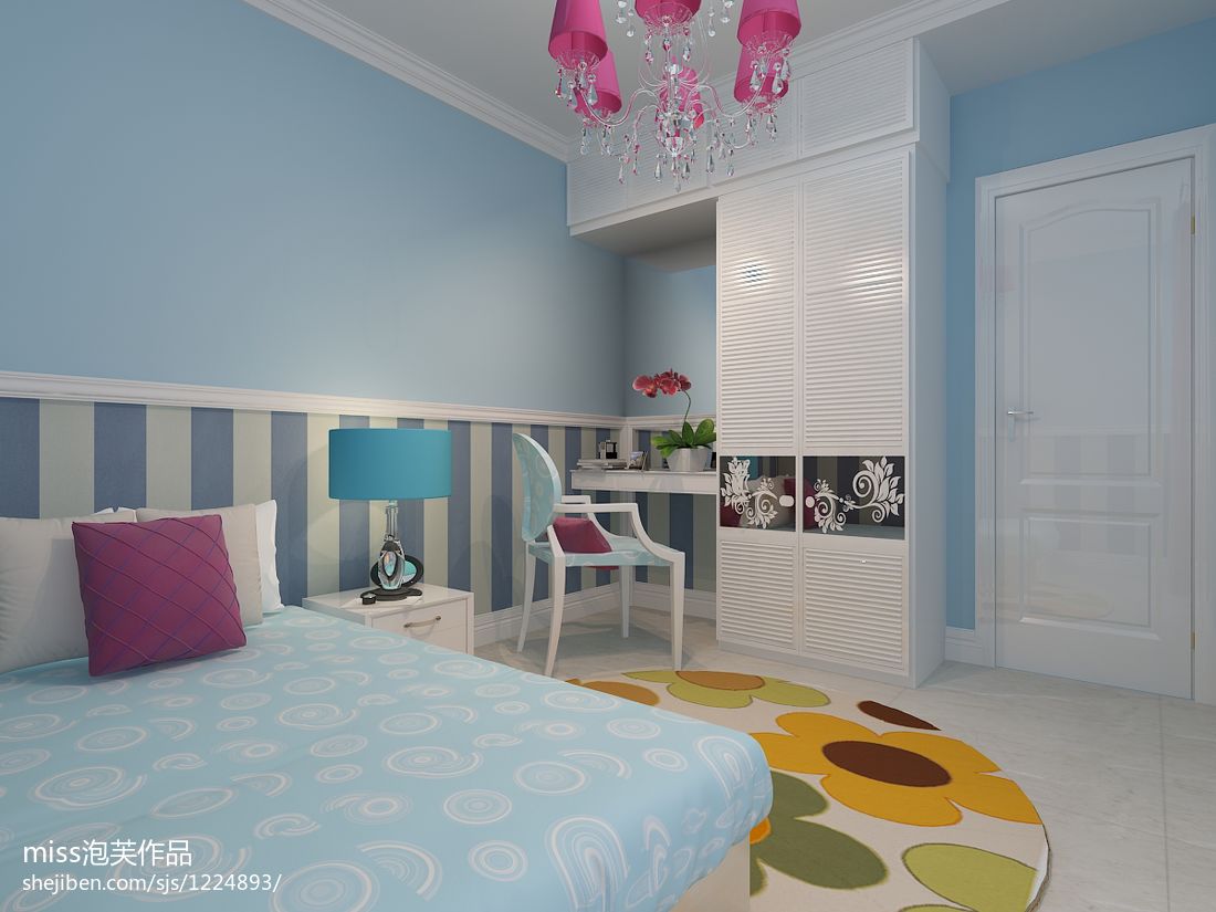 淡蓝色美式儿童房效果图 – 设计本装修效果图