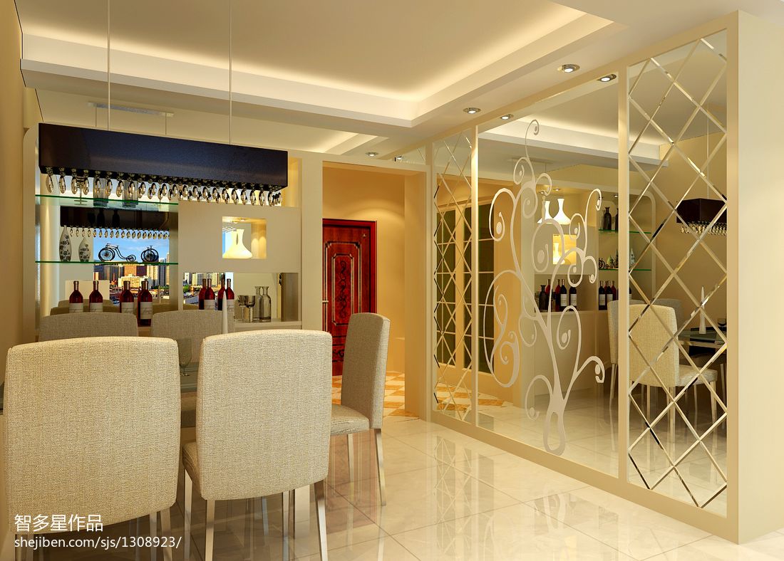 简欧_新古典餐厅镜面背景墙装修设计效果图 – 设计本装修效果图