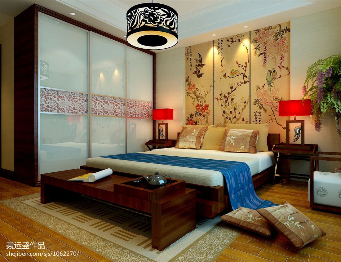 2013中式风格别墅经典实用主卧室床头背景墙装修效果图 – 设计本装修效果图