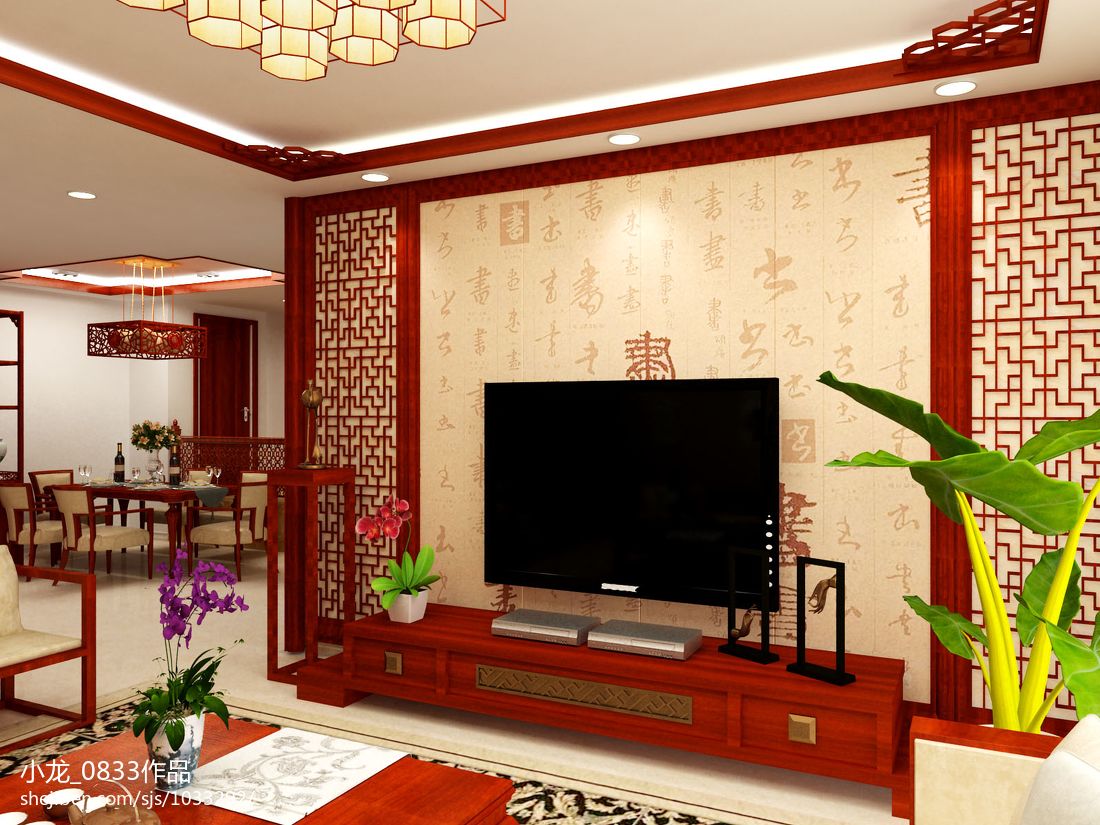 红色新中式风格电视背景墙装修效果图_丽维家家装图库