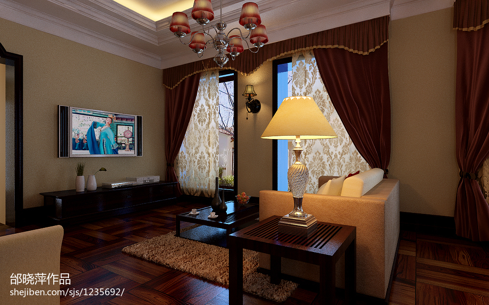 中式风格客厅红色窗帘设计装修效果图