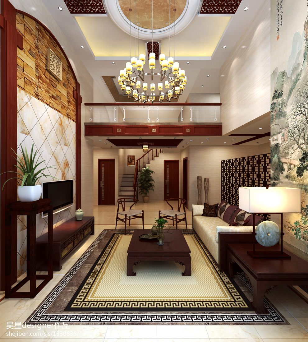 中式风格别墅奢华客厅设计装修效果图