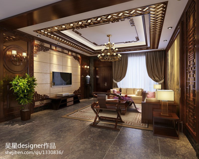 新中式客厅奢华吊顶吊灯设计装修效果图