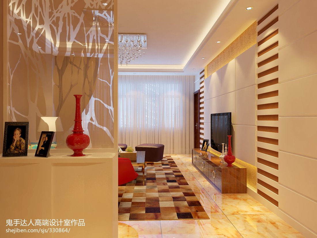 简约新中式三居装修设计，客厅沙发后面用屏风隔出一个书房！_装饰