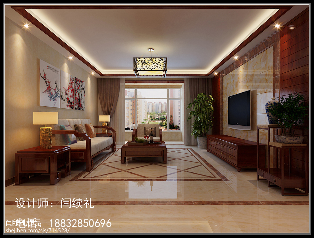 幸福里中式客厅沙发背景墙装修效果图 – 设计本装修效果图