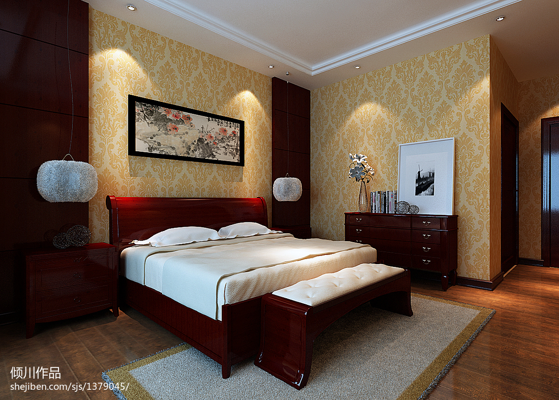 中式古典卧室壁纸装修效果图 – 设计本装修效果图