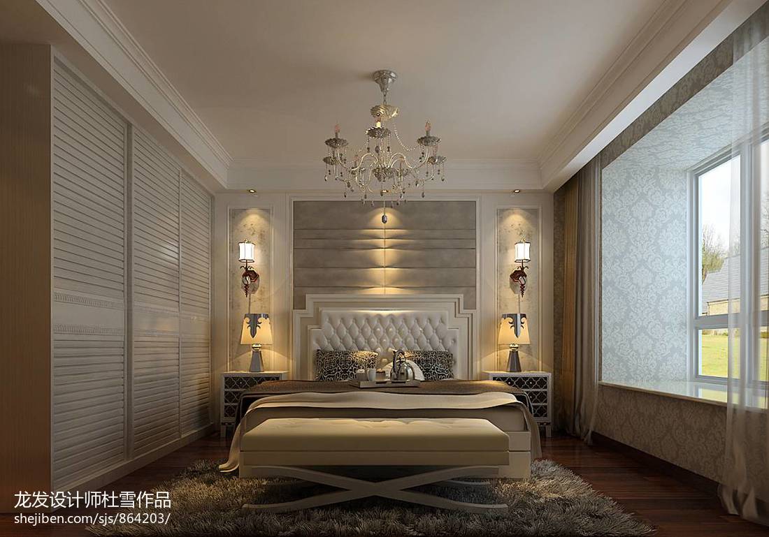 欧式卧室吊灯地板床头背景墙装修效果图 – 设计本装修效果图