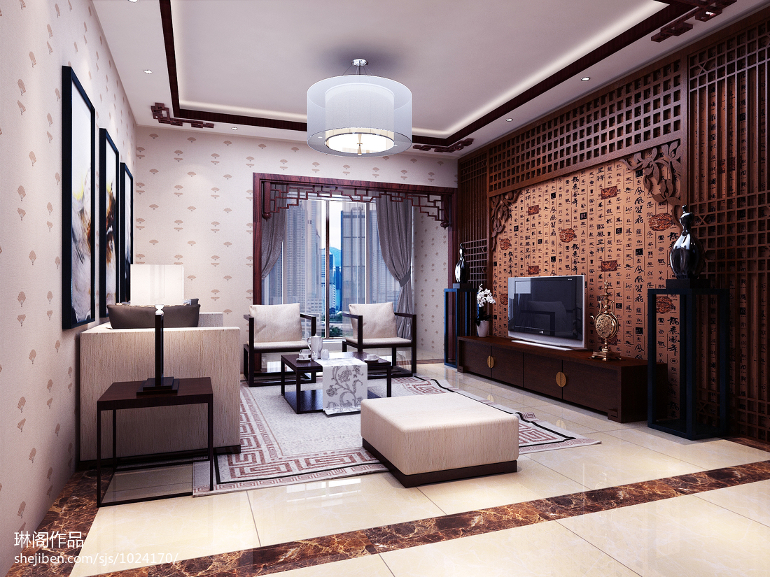 新中式客厅电视沙发背景墙|空间|家装设计|凌菲1992 - 原创作品 - 站酷 (ZCOOL)