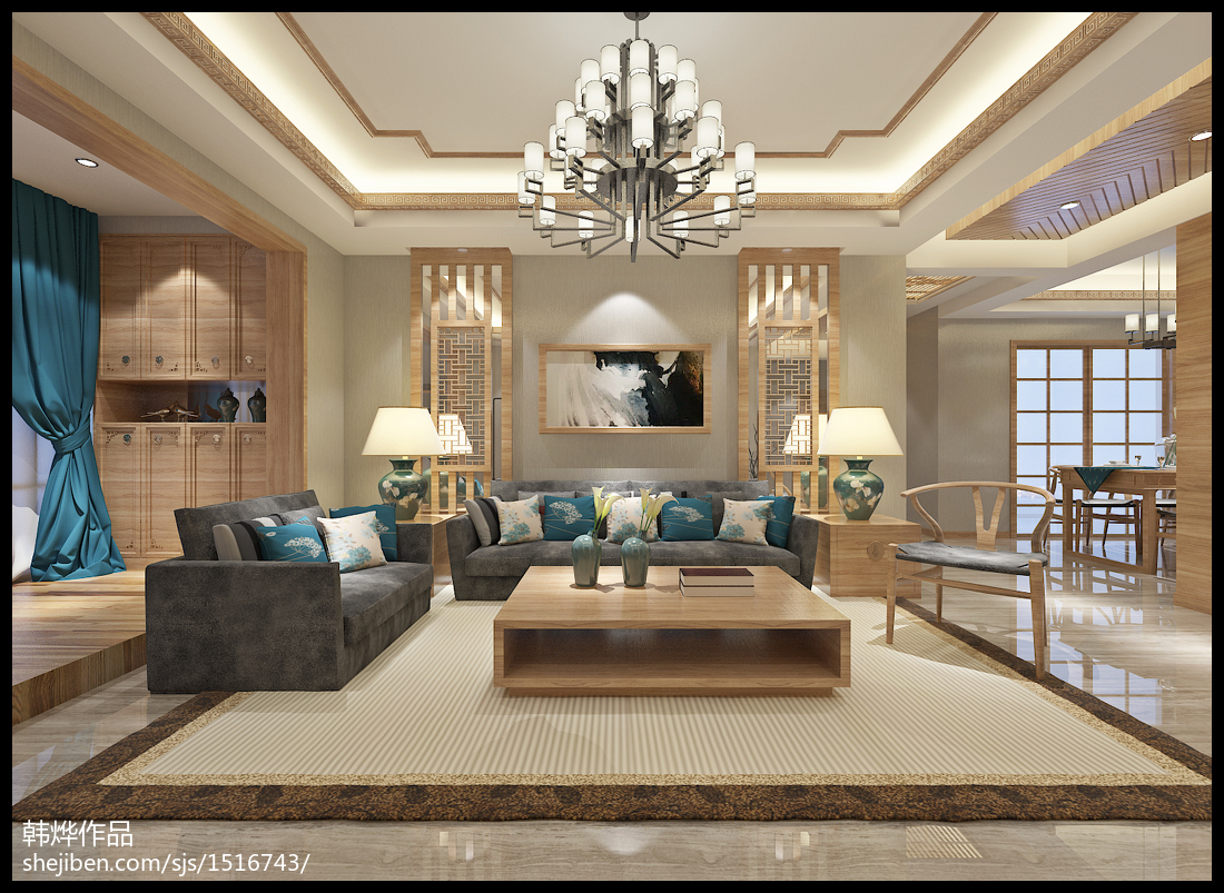 三居室原木色中式客厅茶几装修效果图- 中国风