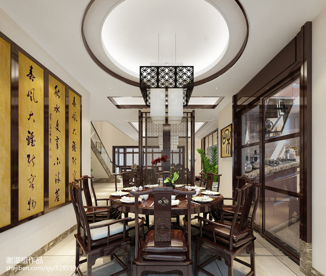 中式新古典风格木头桌子效果图 – 设计本装修效果图