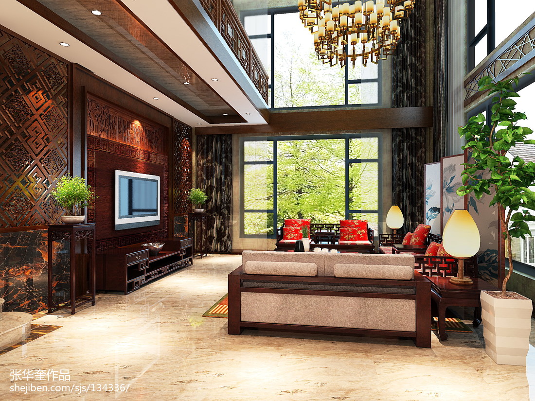 最新中式别墅客厅电视背景墙效果图 – 设计本装修效果图