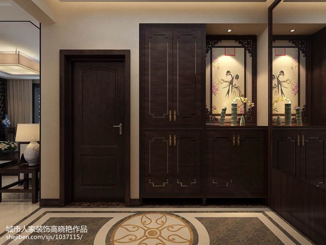 中式风格四居室原木色玄关鞋柜装修图片-房天下装修效果图