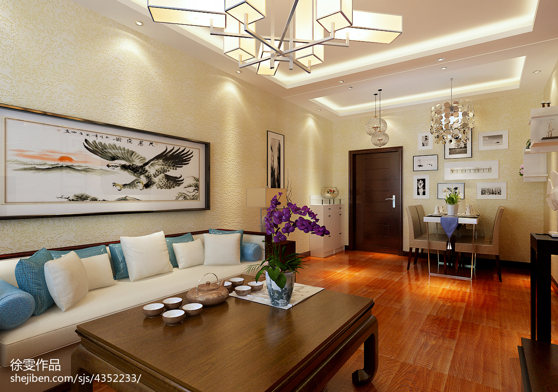 中式风格长方形客厅米色背景墙效果图-房天下装修效果图