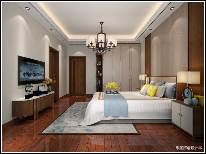 红木床,中式衣柜,中式卧室天花,中式天花,现代中式风格,现代中式卧室