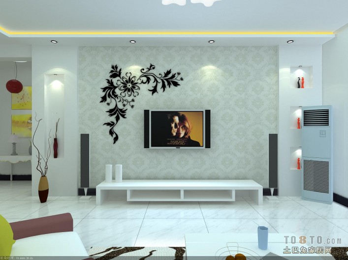 混搭客厅灰电视景带墙贴装修效果图 – 设计本
