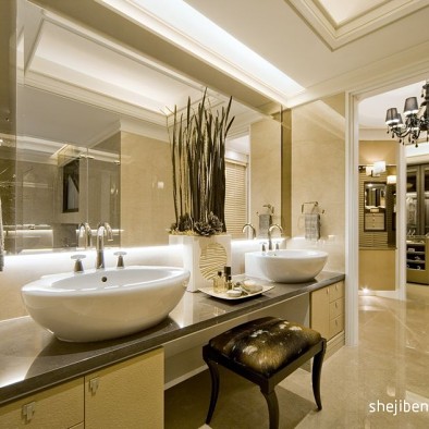欧式风格时尚豪华高档别墅主卧带卫生间洗手盆装修效果图片