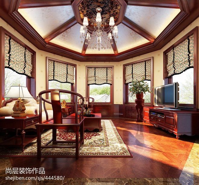 北京湾中式风格独栋别墅装修效果图 尚层装饰作品