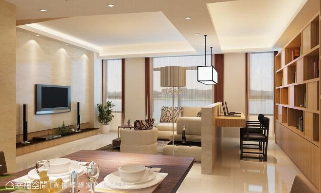 面宽甚广的客厅,设计者搭配矮墙用以划分书房,使空间感更见比例平衡之