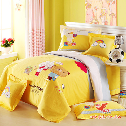 向上家纺 卡通床品套件 全棉儿童四件套 黄色绣