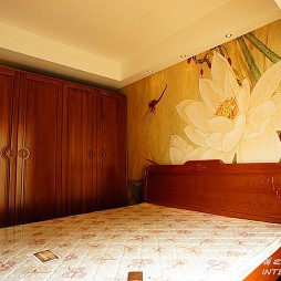 2017中式风格二居室卧室手绘背景墙装修效果图片