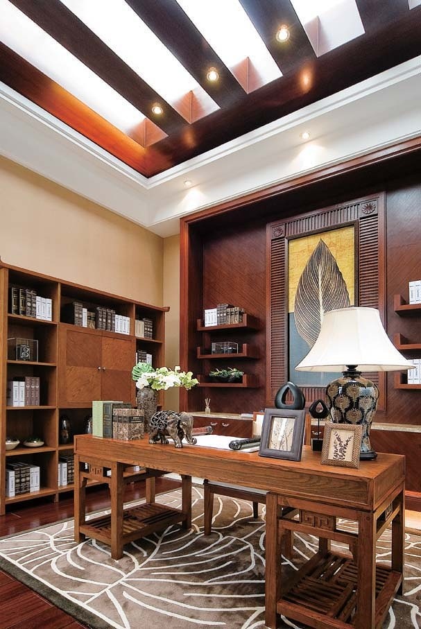 美式风格样板间书房实木吊顶墙装修效果图