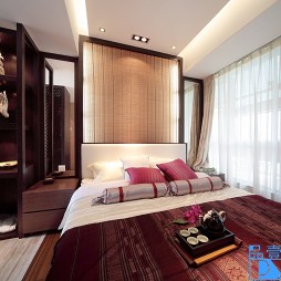 东南亚风格样板间卧室飘窗窗帘装修效果图