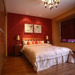 中式风格温馨卧室花纹床头背景墙装修效果图片