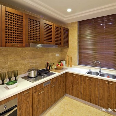 东南亚风格L型别墅厨房棕色橱柜装修效果图