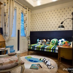 欧式风格样板间男孩儿童房书柜花纹壁纸装修效果图片
