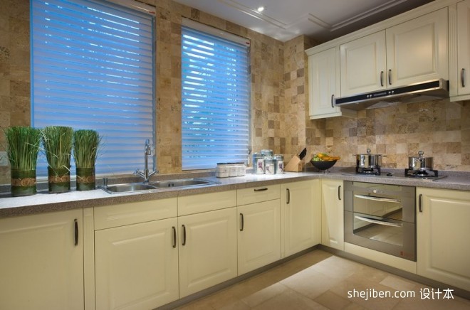 欧式风格开放式L型小面积家居厨房米黄色橱柜装修效果图
