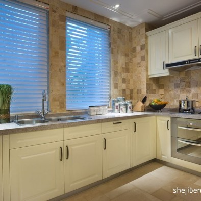 欧式风格开放式L型小面积家居厨房米黄色橱柜装修效果图