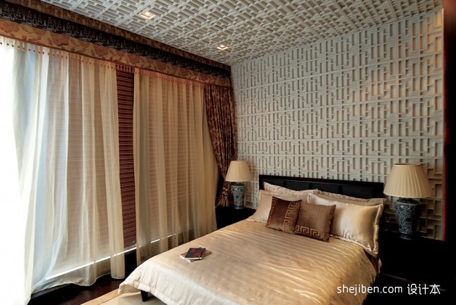 中式风格时尚高档别墅卧室个性床头背景