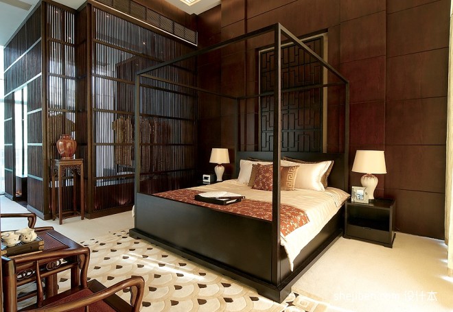 中式风格精装别墅主人卧室床头背景墙装