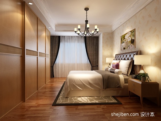 中式浪漫卧室樱桃木地板效果图