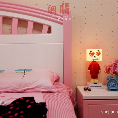 2017现代风格三室一厅女孩儿童房花纹壁纸设计装修效果图片
