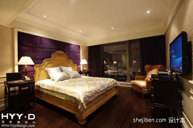 欧式风格别墅主卧室紫色背景墙装修效果