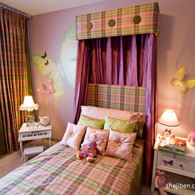 现代风格女孩儿童房布艺床头背景墙装修效果图片