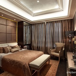 新古典风格样板房奢华大卧室床头背景墙软包窗帘装修效果图