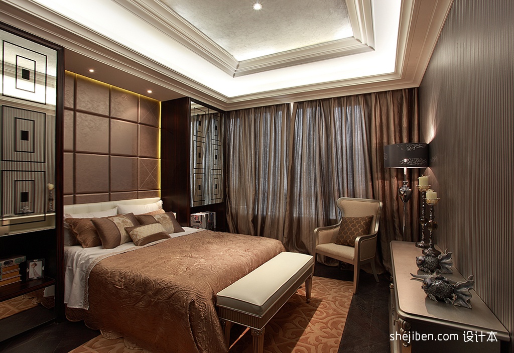 新古典风格样板房奢华大卧室床头背景墙软包窗帘装修效果图