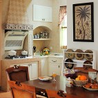 2017田园风格条形开放式7平米家庭白色橱柜米黄色墙面瓷砖厨房餐厅一体装修图片