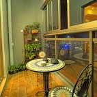 2013田园风格三居室封闭式休闲无框阳台窗户桌子椅子仿古地砖装修效果图片